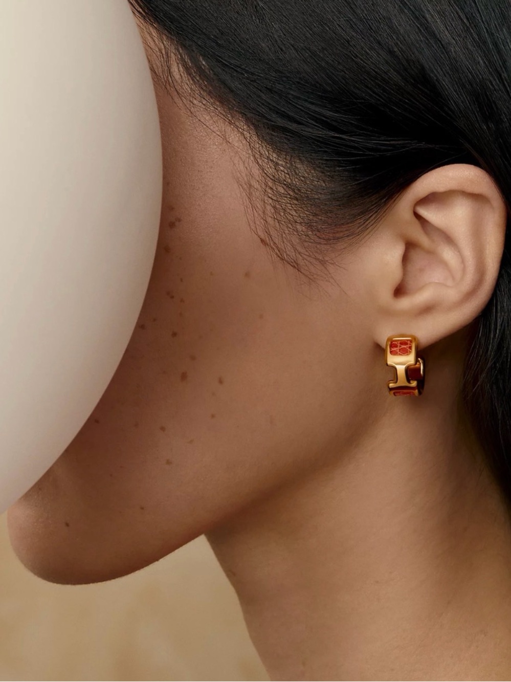 Hermes Gold Hoop Earrings with Red Enamel Accents